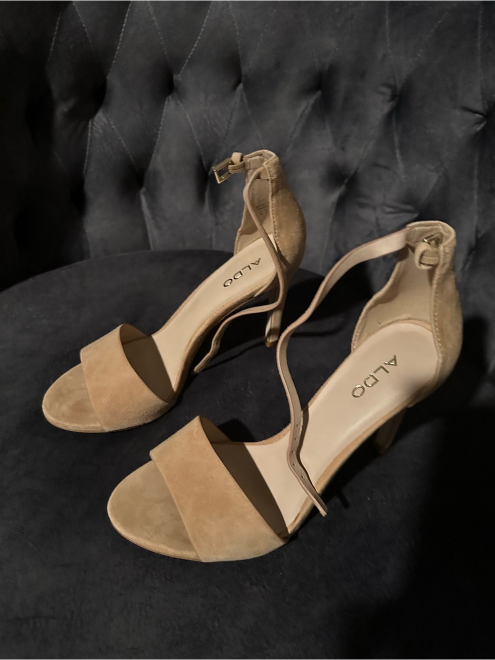 ALDO Beige/Tan Suede Open-Toe Ankle-Strap Heels - Picture 2 of 6